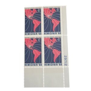 USPS HemisFair 68 6c Stamp Block 4 Plate 29712 Pink Navy Blue Mint Vintage